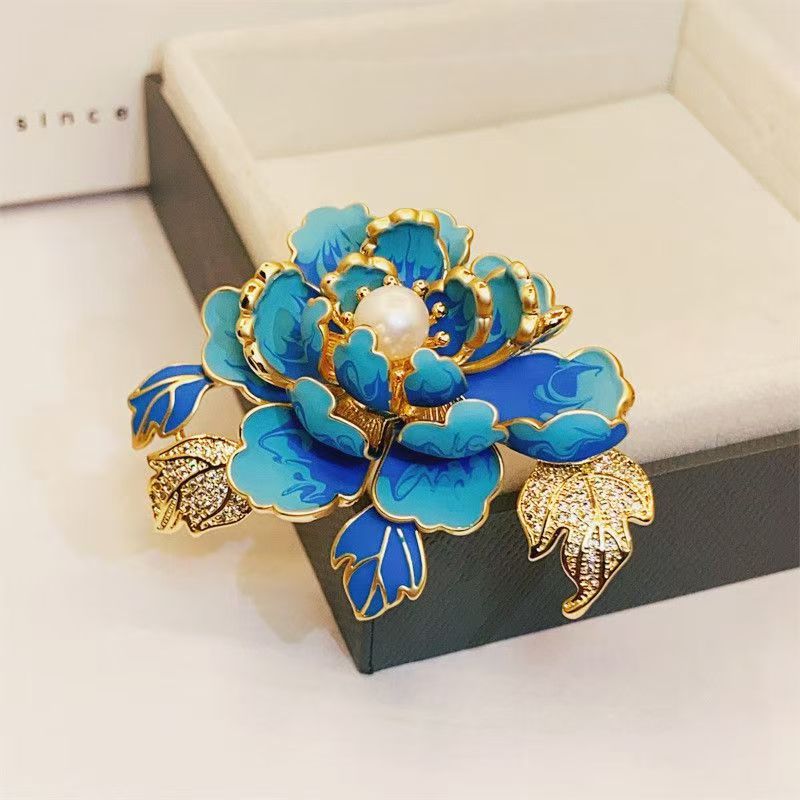 Peony Brooch with Kingfisher Feathers